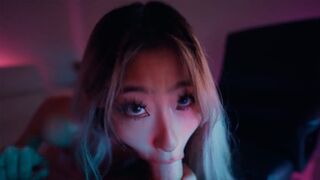 Sexy Asian teen Raya Steele massages cock with her throat in POV