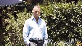 A cute girl is fucking with her boyfriends’ mature daddy by the pool