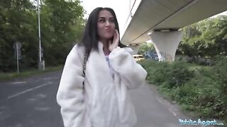 Petite British brunette nearly gets run over, then fucked by Public Agent