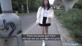 Petite British brunette nearly gets run over, then fucked by Public Agent