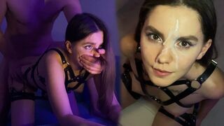 A cute brunette girl in a harness fucks on my dick and licks balls
