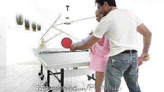 The guy did not let the overconfident blonde babe win the ping-pong match