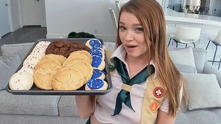 The girl is motivated to sell cookies and has sex for a big dick