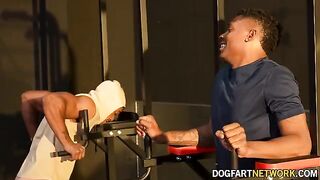 Kay Carter gets fucked by two black guys at the gym while her husband watches