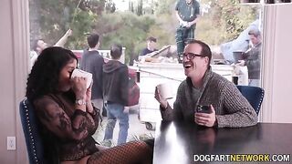 Ebony babe Paris The Muse gets her mouth filled with ten white dicks
