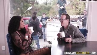 Ebony babe Paris The Muse gets her mouth filled with ten white dicks