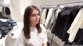 A girl got fucked in the fitting room of a shopping mall, showcasing daring public passion