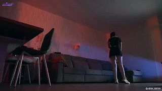 A sexy girl fucks with a big toy in her wet pussy, mimicking an android