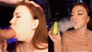 The girl happily smokes and sucks her neighbor’s dick