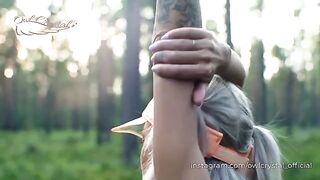 A hot blondie gets lost in the forest and makes a blowjob to a neighbor