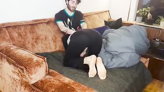 The couple has sex under the blanket to make each other cum
