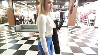 The hot blonde is fucking for money in the shopping mall toilet, caught on cam