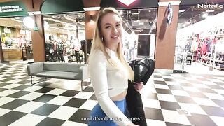 The hot blonde is fucking for money in the shopping mall toilet, caught on cam