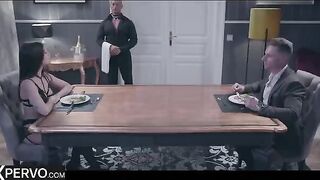 Swinger couple enjoy a dinner with stunning Clea Gaultier