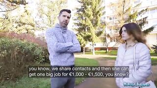 Public Agent Tight Spanish babe gives blowjob and fucks behind husbands back
