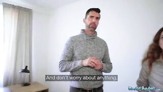 Public Agent Tight Spanish babe gives blowjob and fucks behind husbands back