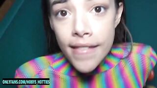 Skinny petite teen Harmony Wonder gets her throat fucked and facialised