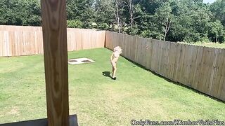 A blonde is getting naked in the backyard and has a quickie on the porch
