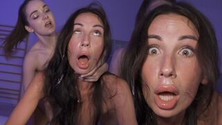 Submissive bimbo teen gets her brains cum after hard FFM rough fuck