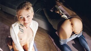 The girl was having fun with her yoga pants pulled down