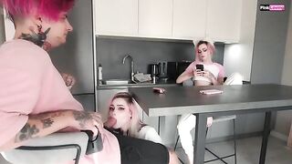 A couple engaged in role play, with unexpected interruption at the table