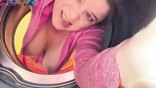 Dumb housewife gets stuck in the washing machine