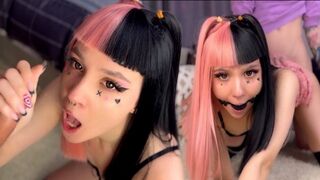 Emo babe with pink hair gets her mouth filled with sticky sperm, check it out