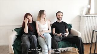 Two French beauties share a lucky guy's huge dick in an amateur threesome