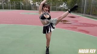 A hot cheerleader has sex with a guy right on the street and swallows the cum