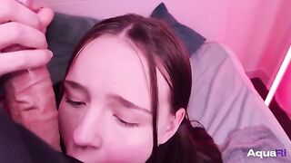 Cute schoolgirl sucks the cock of a man with pleasure and receives cum in her mouth
