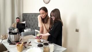 Two hot lesbians have a steamy threesome while cooking Russian syrniki