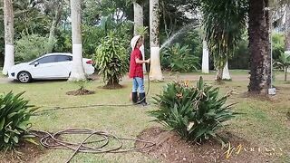 The gardener was hired by the owners to work in their yard