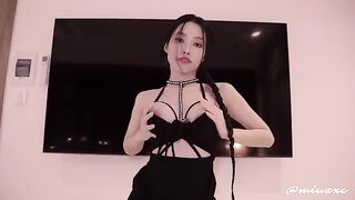 Hot Asian girl in a black dress, high heels, squirted and cum inside her