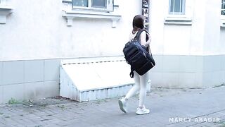 A girl is having fun with a stranger in the hostel, getting a wild welcome