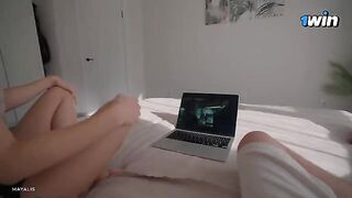 My step sister replaced series watching with hard sex while my parents were out