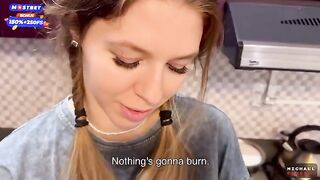 Flatmate-girl doesn’t mind periodic sex in the kitchen, getting cum in mouth and pigtails
