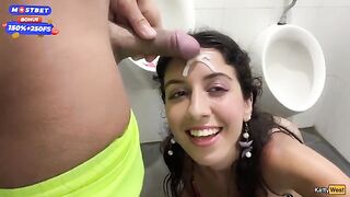 Brunette slut gets fucked in public waterfall toilet