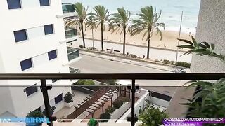 A girl with big ass fucks on the balcony and gets cum on face