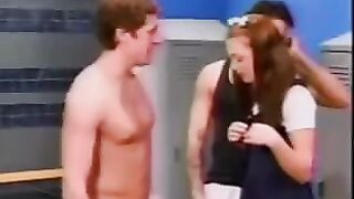 A cute school girl got fucked by two guys in locker room