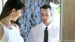 A noble man fucked the beauty with big fake tits on the couch