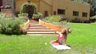 A blondie with big tits is fucking on the lawn in 4K