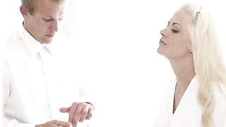 The newlyweds in the wedding clothes have their first sex experience