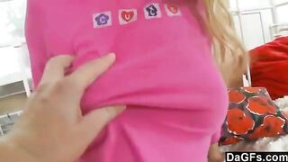 A sweet little girl caresses her body and plays with her pussy with toys