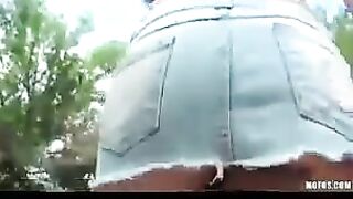 Street masturbation of a hot brunette with small boobs