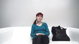 Red-haired girl with small boobs agreed to nipple play and blowjob at casting