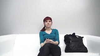 Red-haired girl with small boobs agreed to nipple play and blowjob at casting