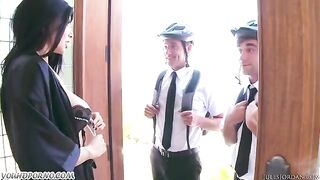 Two Jehovah’s Witnesses got fucked by a beautiful slut with amazing huge tits