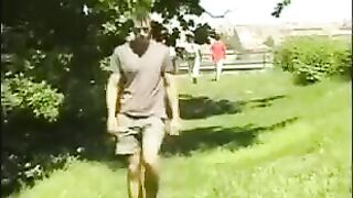 A man plays with his big cock in the hayloft