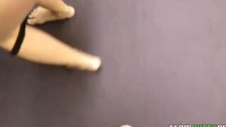 A beautiful blonde with big boobs sucks cock and swallows cum