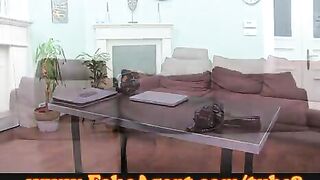 A chick with nice boobs sucks dick of lucky guy on the couch